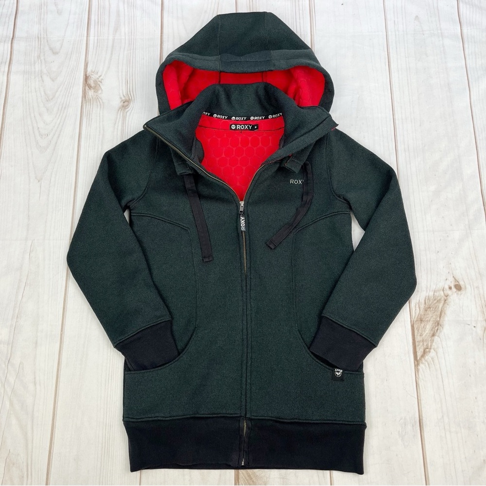ROXY Full Zip Knit Sweater Jacket Removable Hood Charcoal Gray Sz M